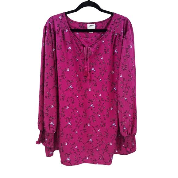 Ava & Viv Blouse Plus 4X Leaf Bird Print Tassel Tie Neck Long Sleeve Fuchsia - Picture 1 of 6